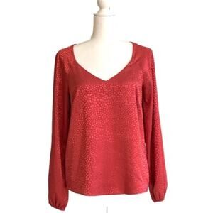 WHBM Blouse Salmon Pink Metallic Sweetheart Neck Long Sleeve Top Size XS